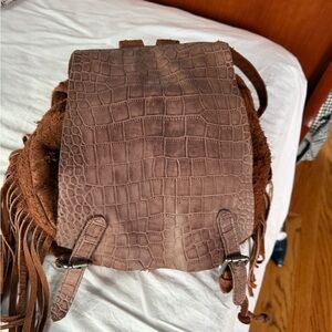 Suede/Leather Croc Pattern convertible backpack/crossbody with boho fringe